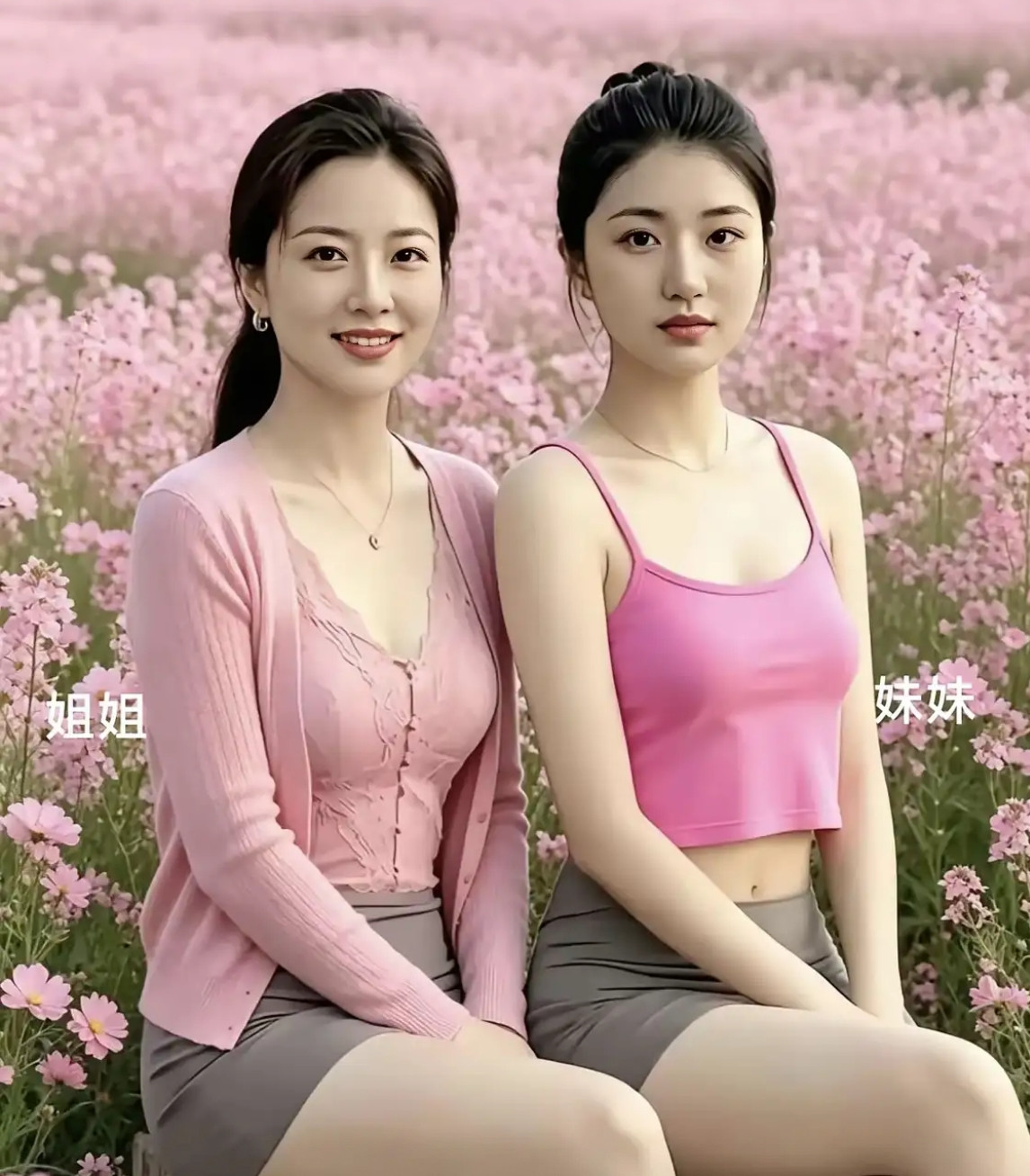 漫山遍野粉色花海温柔盛放，姐妹二人并肩静坐。姐姐温婉含笑，妹妹沉静清丽...