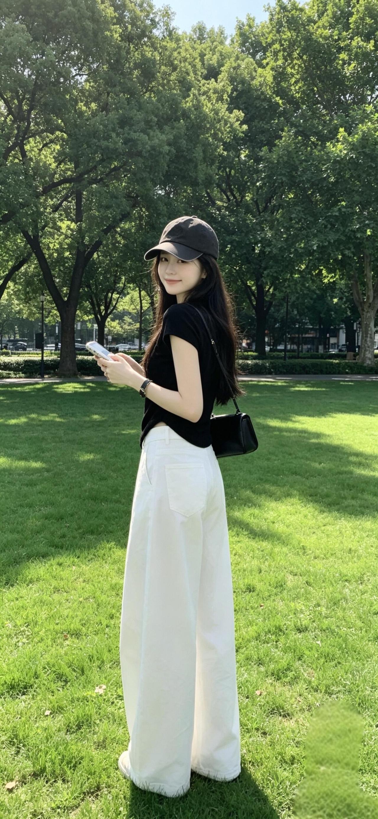 夏日穿搭指南黑T恤+白色阔腿裤搭配黑色棒球帽轻松自在运动风穿搭