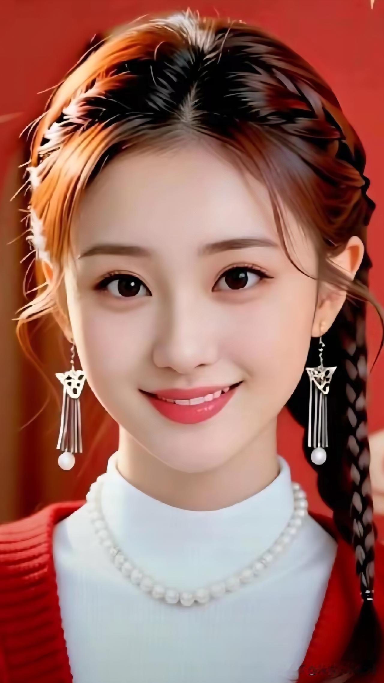 红妆美人笑，珠光玉露妆。你看到过最美的壁纸吗甜美笑容，红发编辫，珍珠项链，优雅