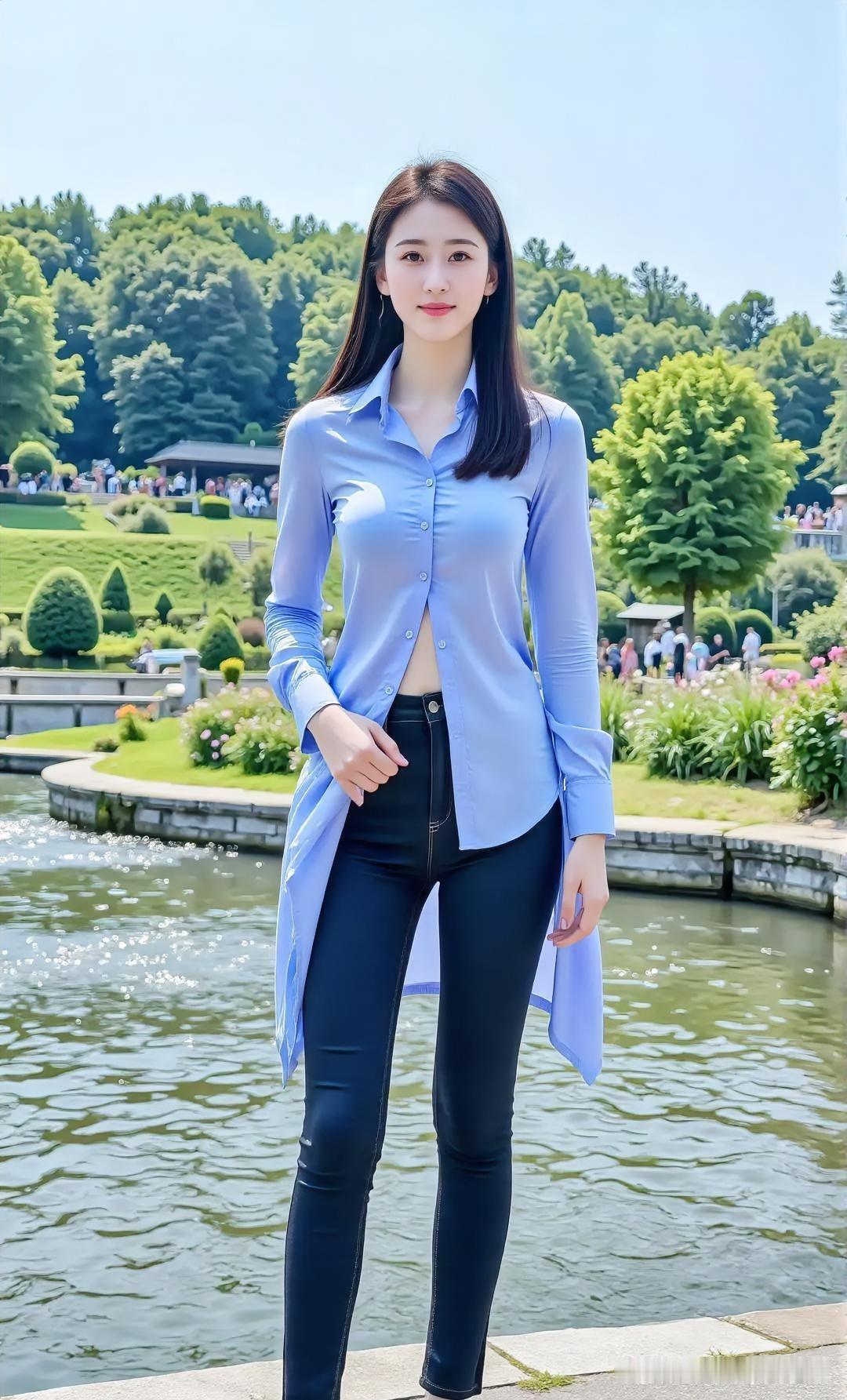《夏日晴风》蓝天碧水，映衬着蓝衫黑裤的利落。长发飘飘，笑容明媚如阳光。