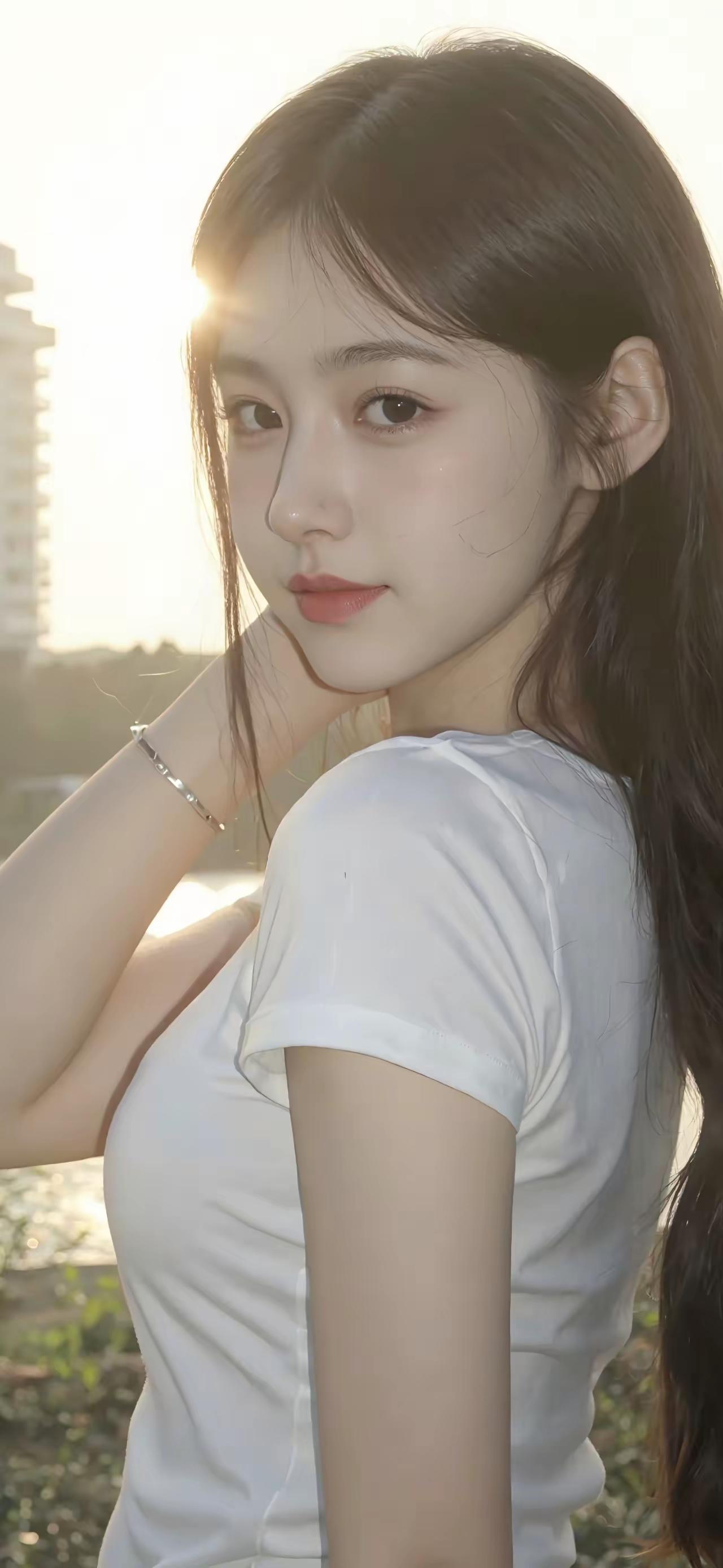 夕阳下的温柔少女，微笑中透出淡淡的忧伤。少女的笑容美少女的微笑秋日少女照江