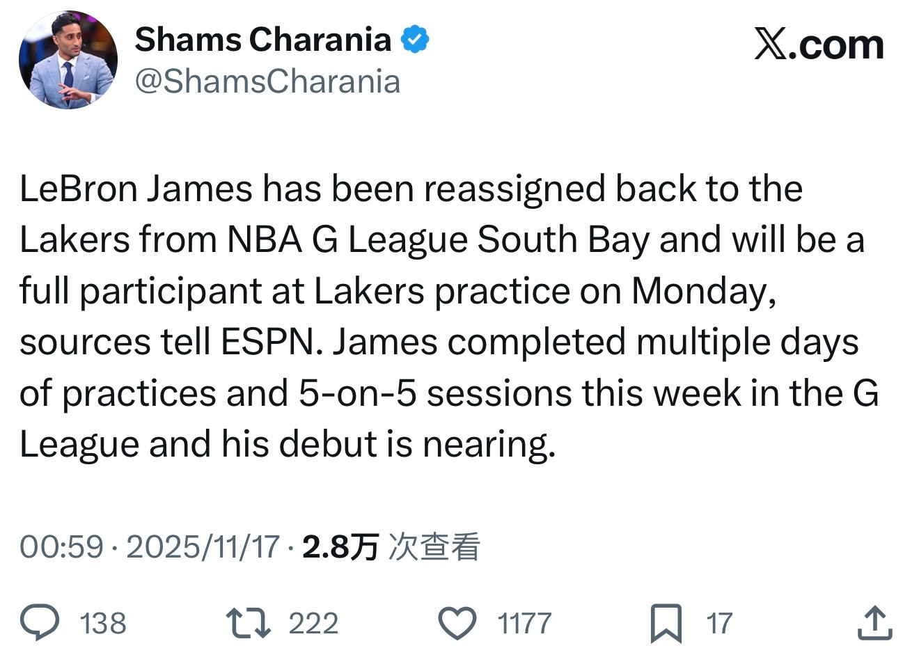 来了！Shams：詹姆斯已从NBA发展联盟南湾湖人队被重新调回洛杉矶湖人队，并将