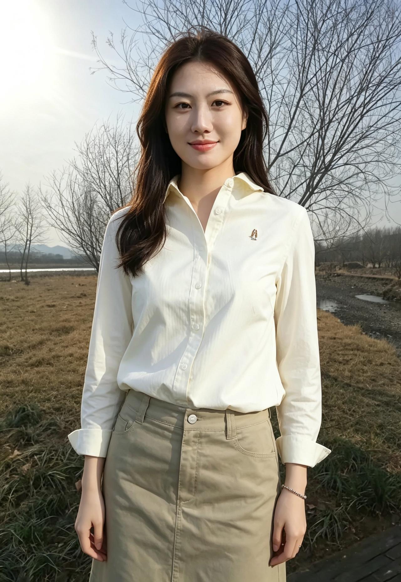 风，穿过稀疏的柳枝拂过你微卷的发梢也拂过，你素净的衣衫~远处是远山，近