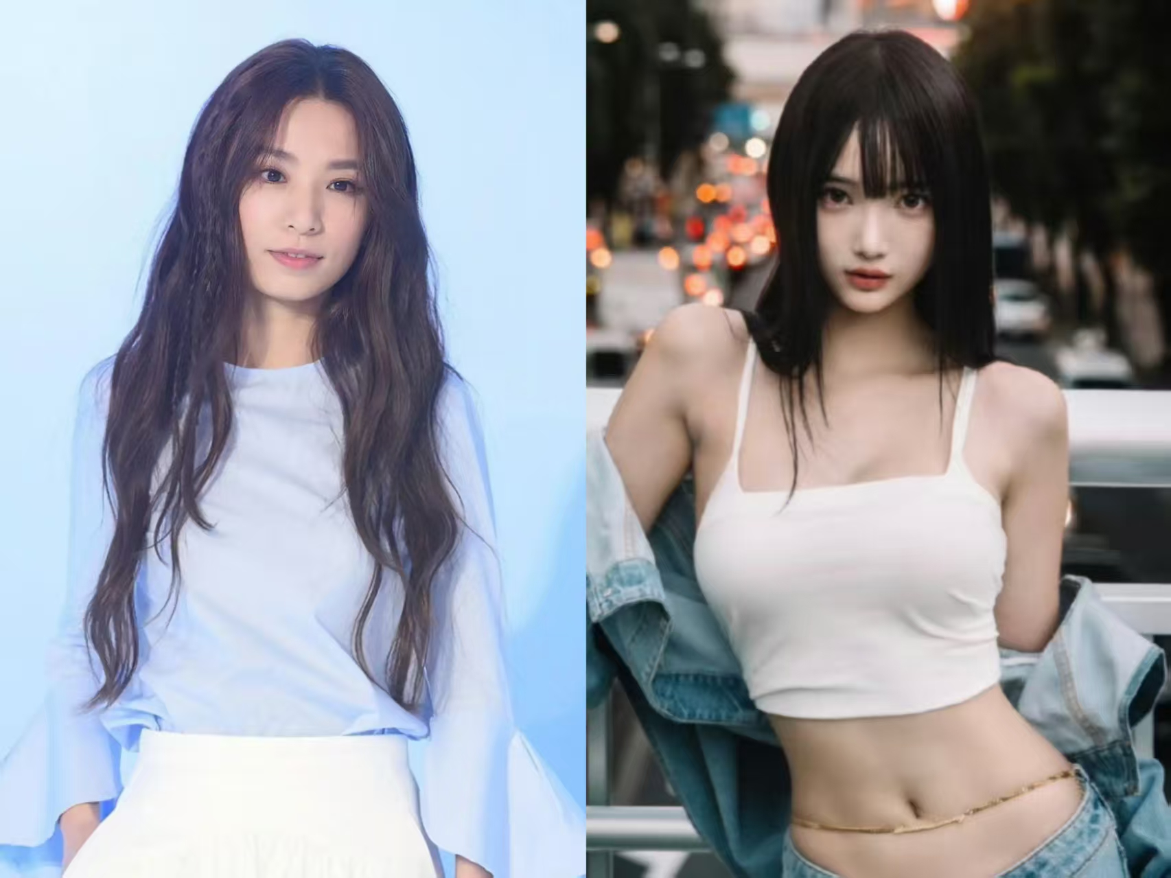 画面左侧是田馥甄，右侧是网红七七。左侧这位是林俊杰心仪之人，右侧这位则是林俊杰