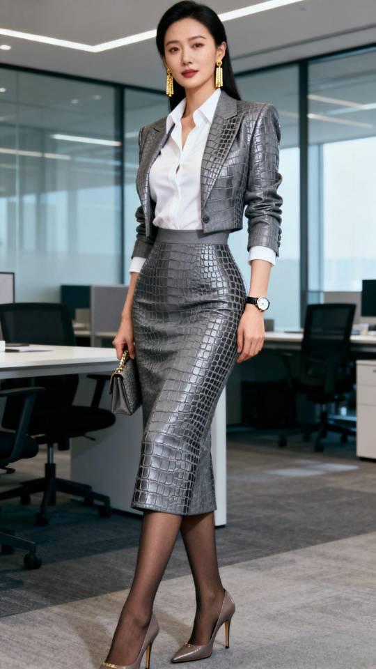 职业皮套装裙：短西装+半身长裙。职业套装裙美女壁纸