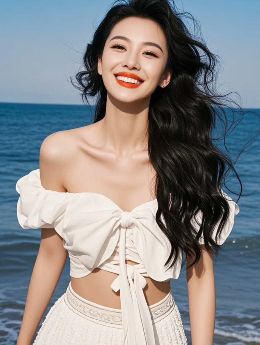 她穿着白裙在海边，是她灵魂的归宿