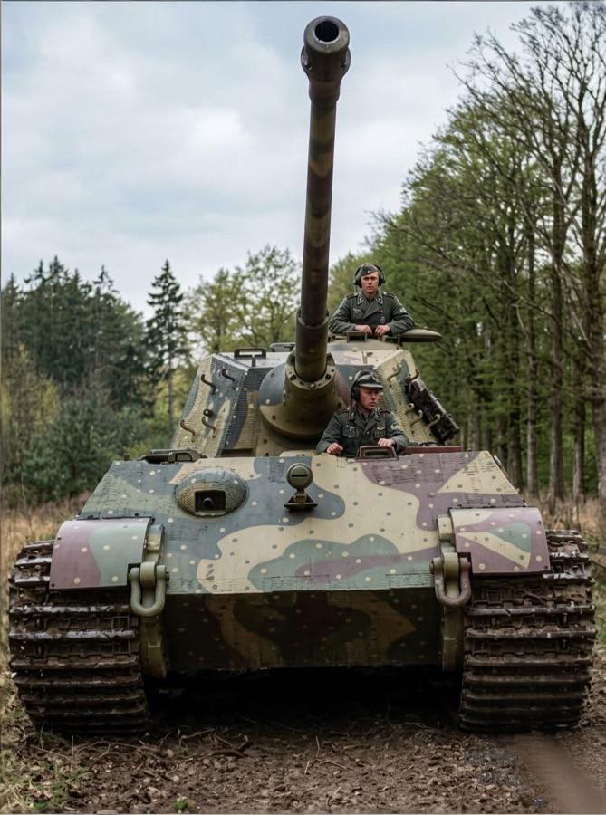 1944年，德国库默斯多夫训练场，一辆刚涂上迷彩图案的德军虎II坦克正在行进中！