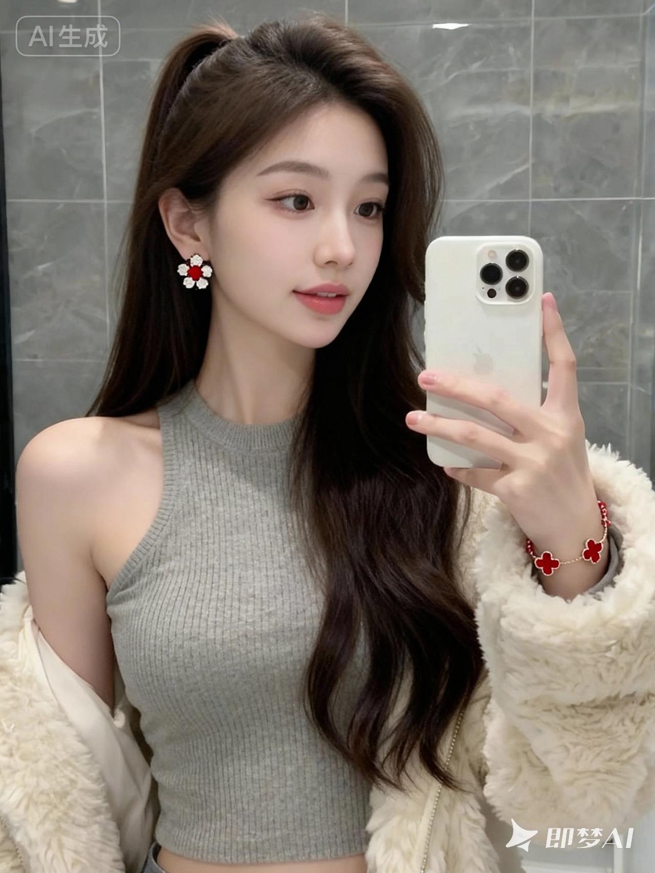 一个年轻的亚洲女孩在浴室镜子前自拍，她留着深棕色的长发，妆容精致，涂着裸粉色的口