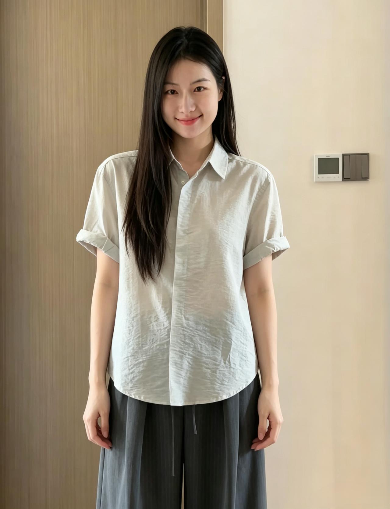 软衫轻衬玉容温，闲立幽窗气质纯。不借繁华妆点缀，天然风骨自迷人。