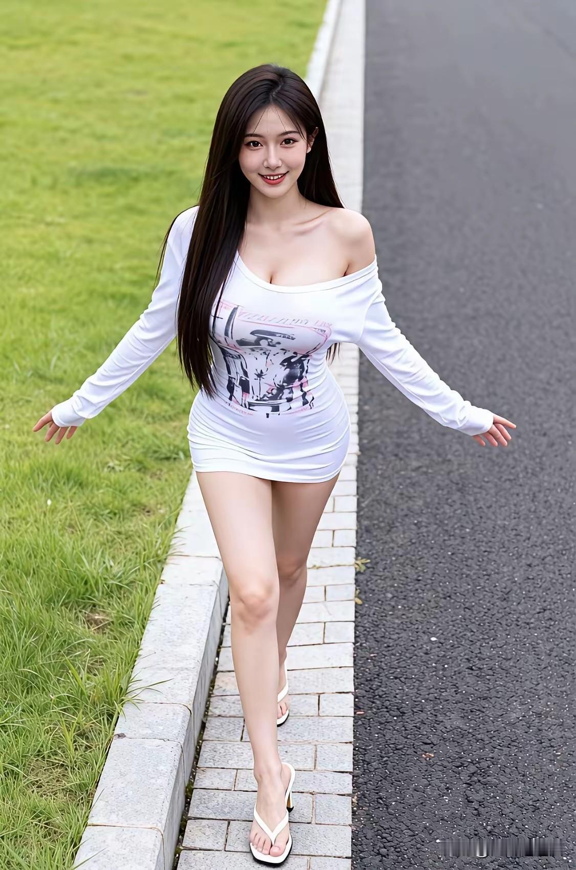 夏日清新穿搭，白色连衣裙搭配凉鞋，走在绿草如茵的小路上，心情愉悦！🌞👗👠记