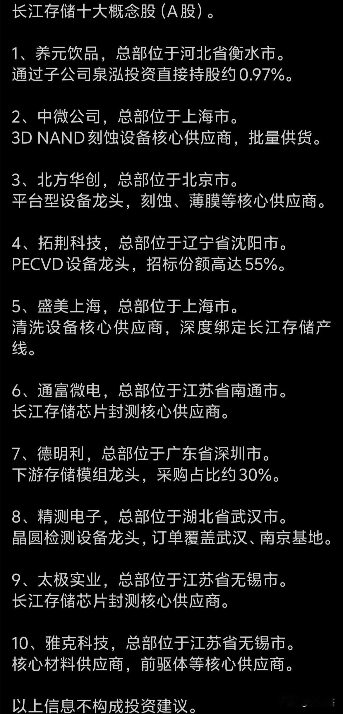 长江存储十大概念股(A股）。仅供参考，不作为买卖依据。