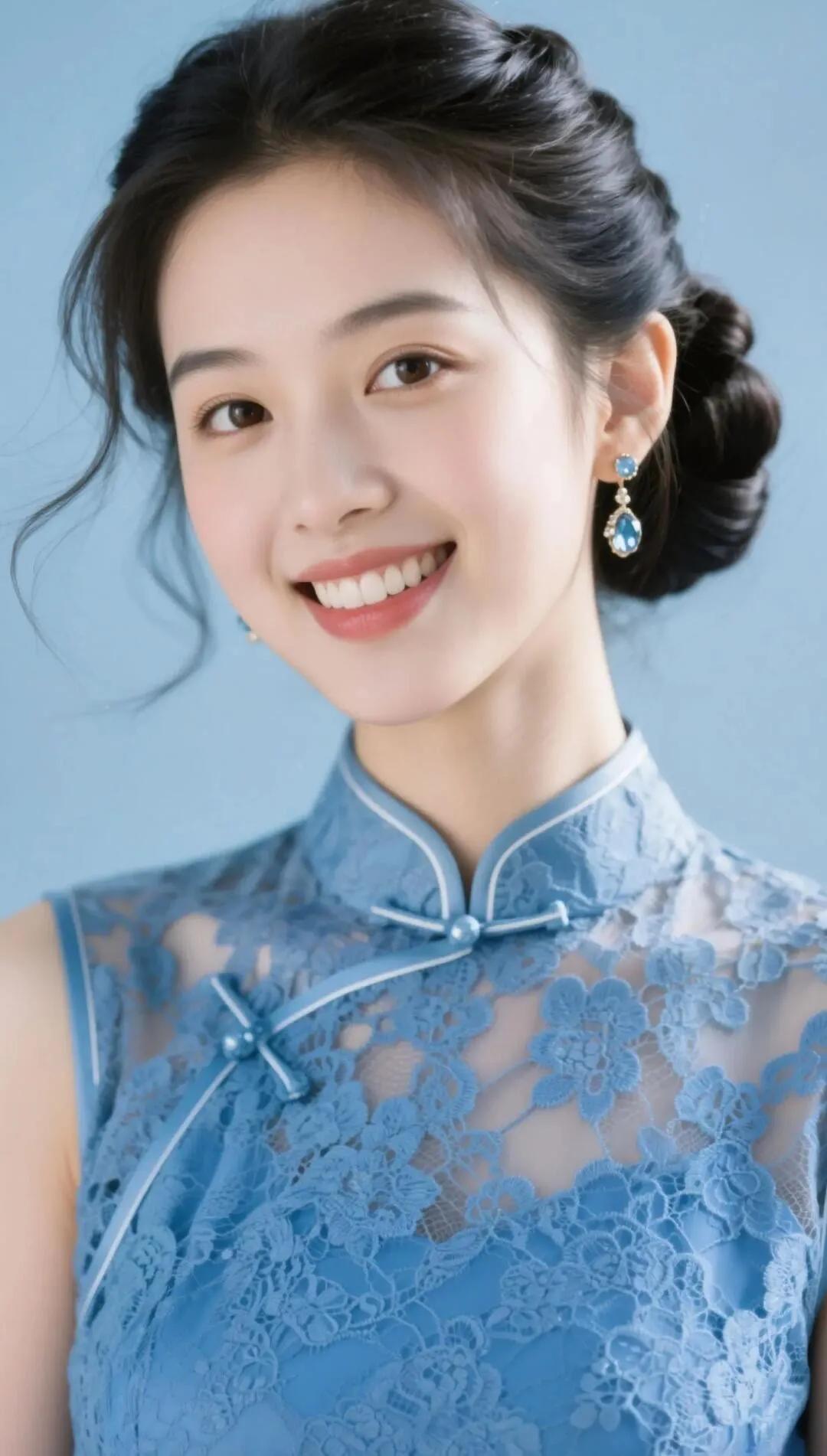 温柔蓝调，优雅旗袍，绽放迷人微笑