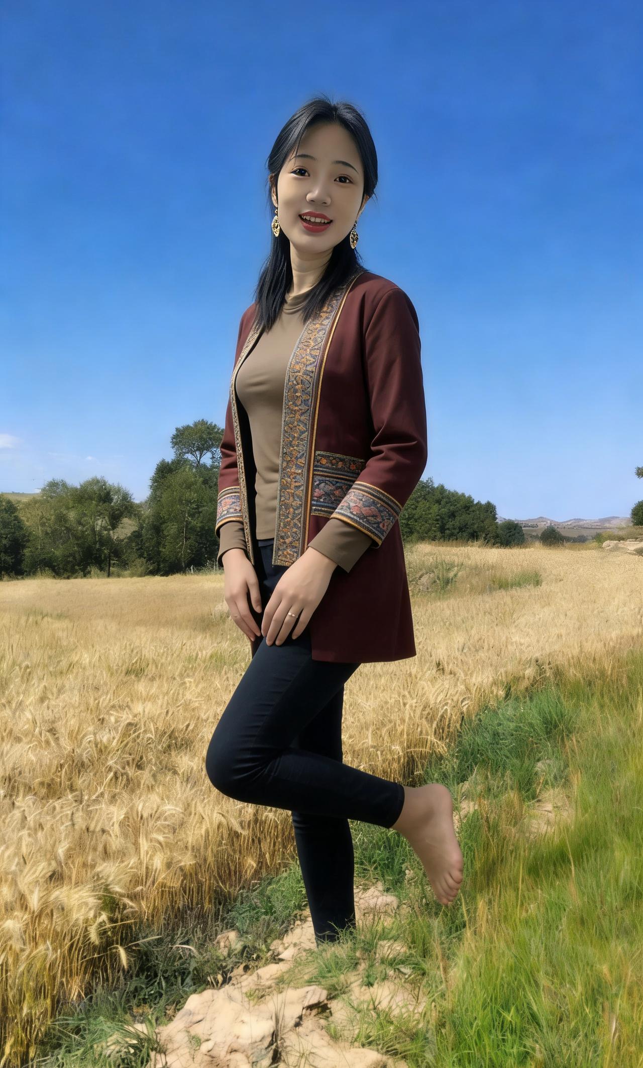 晴郊铺锦绣，极目麦初黄。风动千波涌，衣香一径长。垂眸怜穗实，抬袖拂云光。此