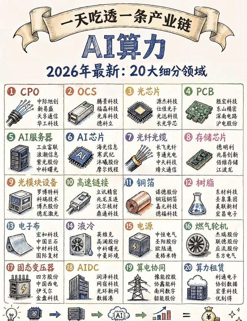 下周重点关注AI应用➕液冷关注AI科技，先看这20大赛道从CPO、光芯片、AI服