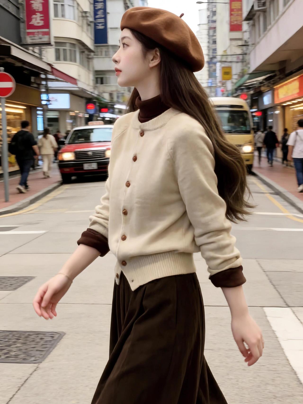 复古风穿搭指南米色毛衣+棕色贝雷帽都市街头漫步时尚又时髦米色温柔风穿搭