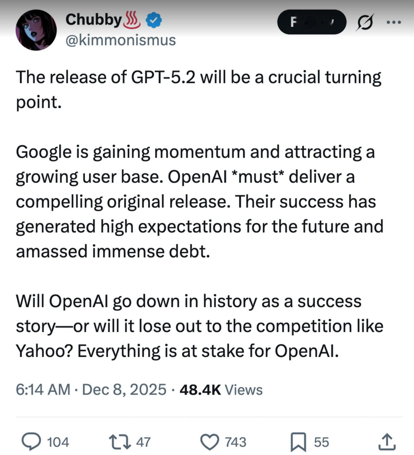 GPT-5.2对OpenAI来说已经不是迭代，而是生死线。目前Google