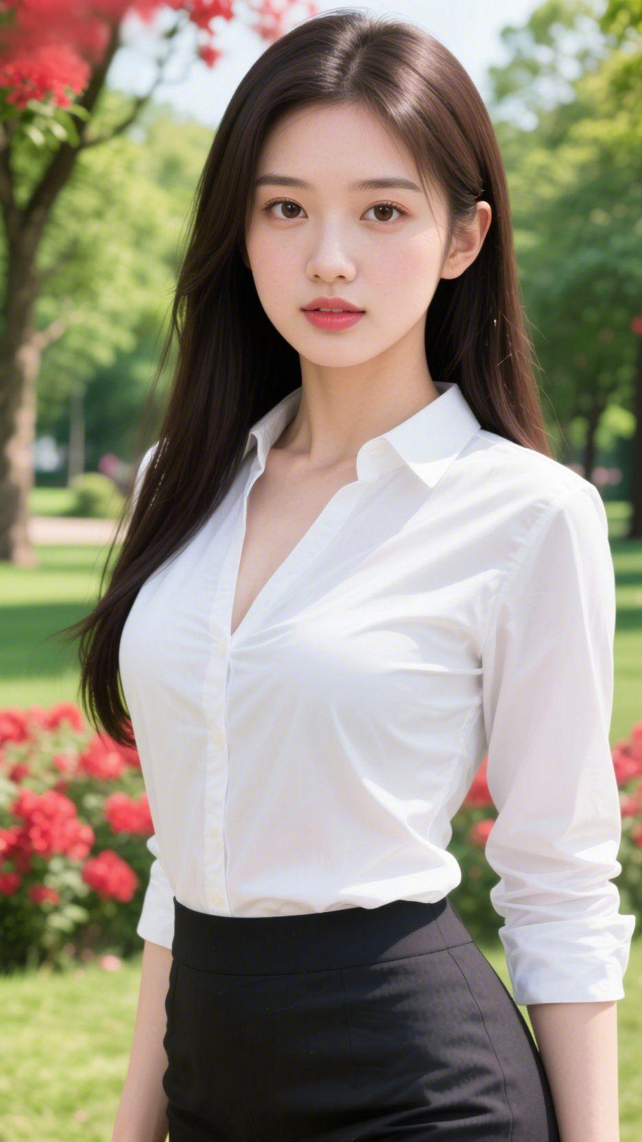 白衫映红蕴清雅晴日里的花园绿意盎然，簇簇红花绽放在枝叶间，她身着挺括的白衬