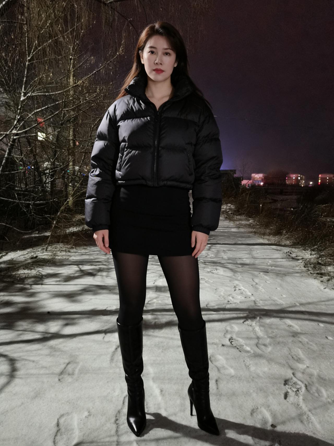 寒夜雪初积，佳人立浅溪。黑丝凝玉骨，短袄映清辉。