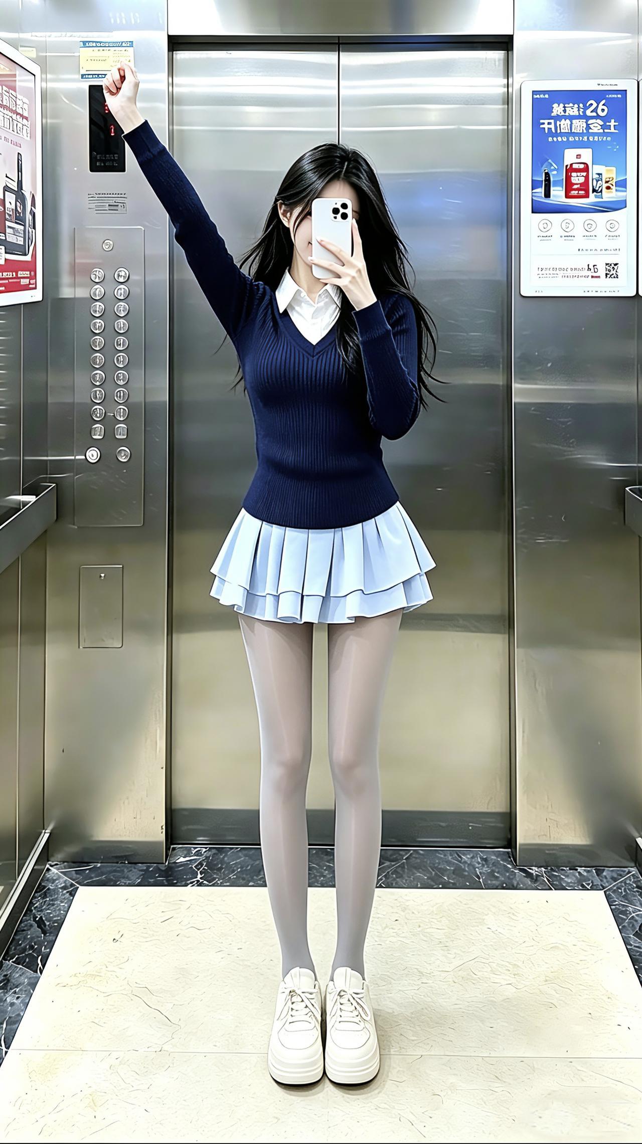 这种学院甜妹风你们爱了吗？电梯间里，藏白衬衫的藏蓝毛衣裹着学院乖甜，浅蓝百褶裙一