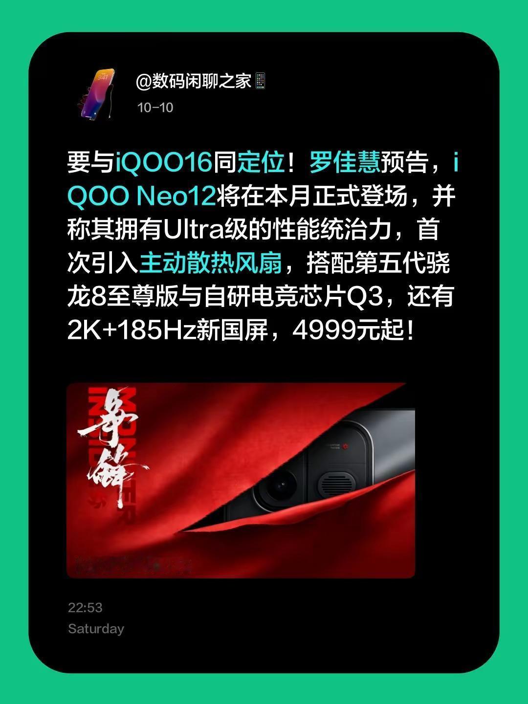 要与iQOO16同定位！罗佳慧预告，iQOONeo12将在本月正式登场，并称其