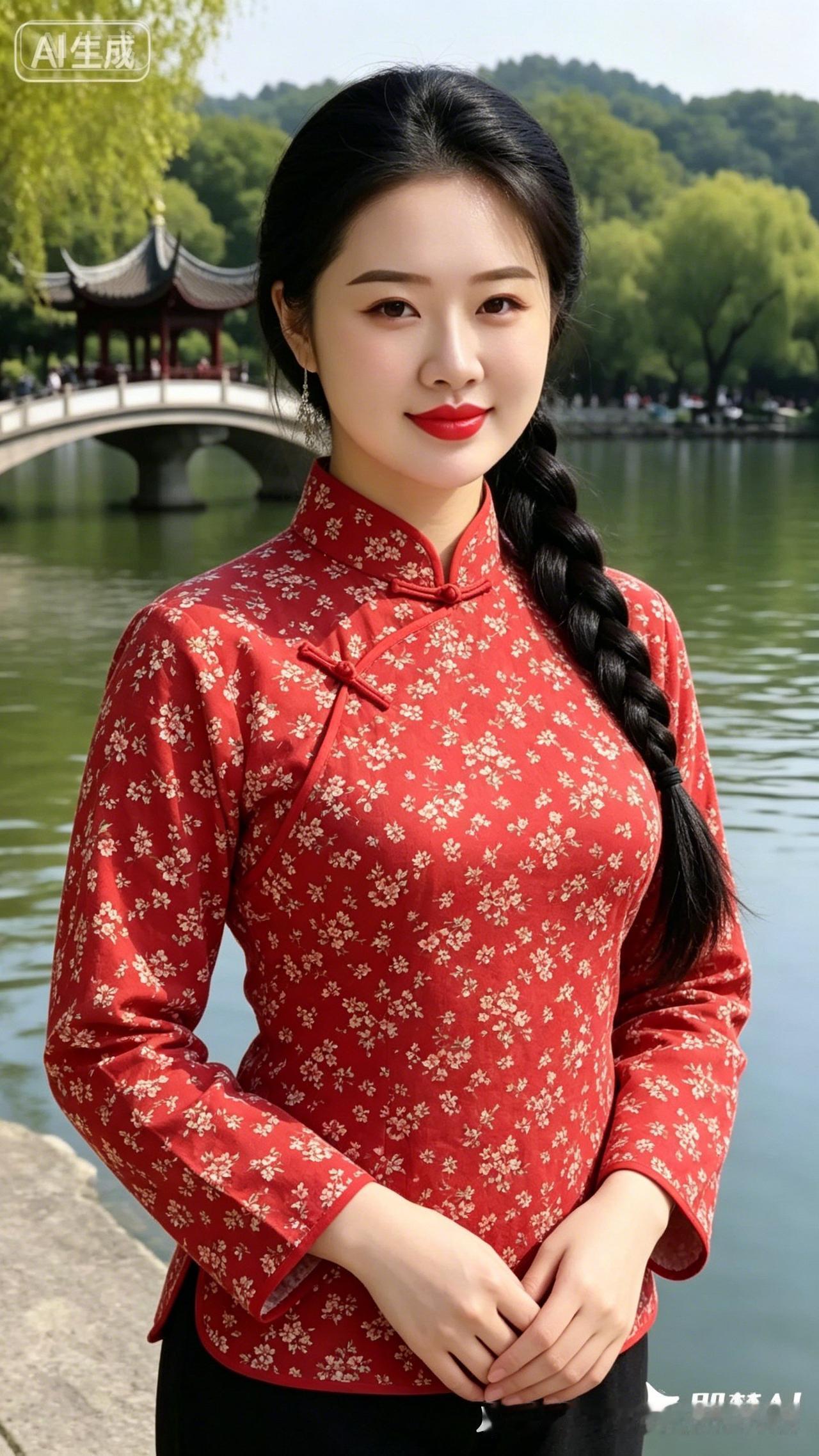 在西湖边，穿旗袍的少女与古桥相映成趣，美不胜收！