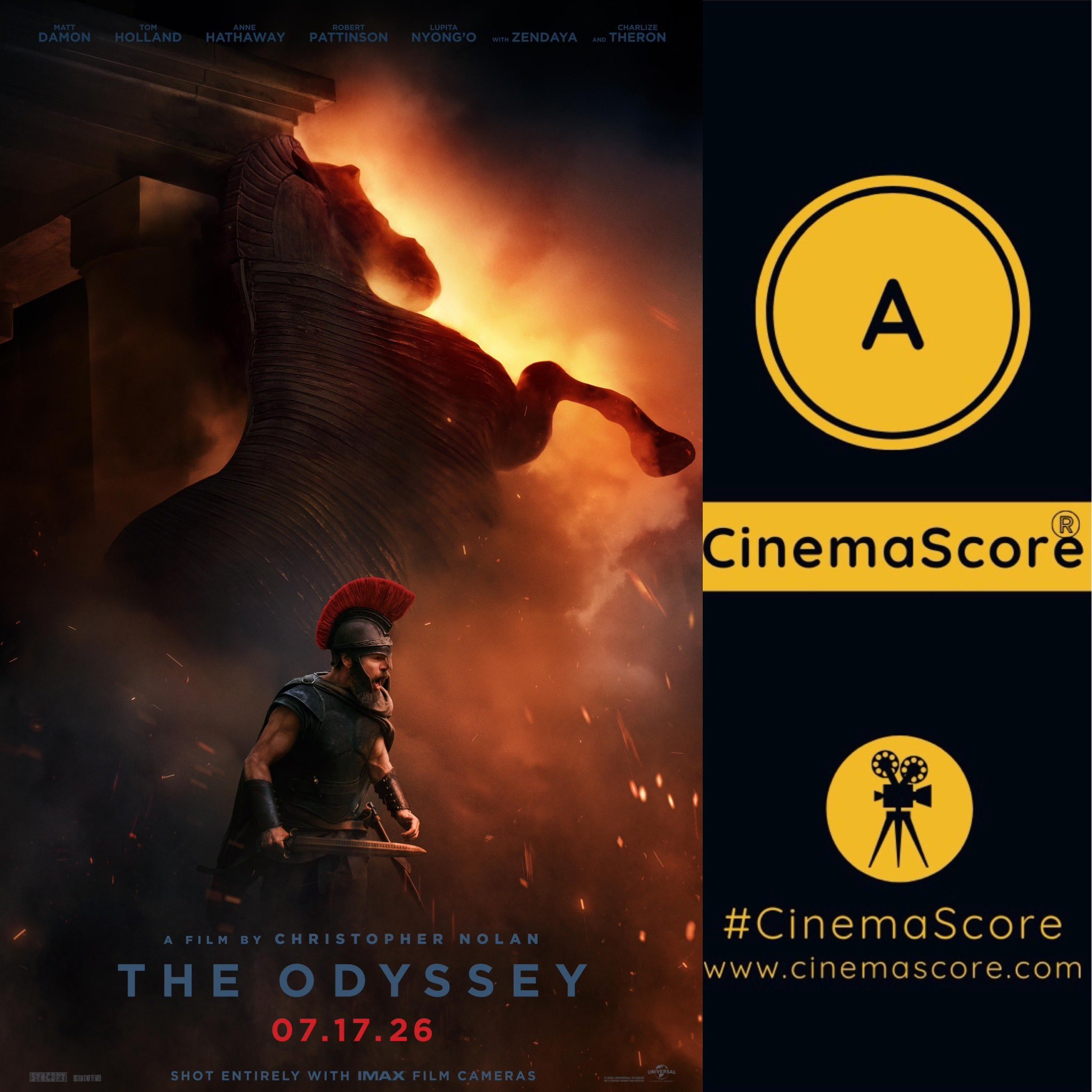牛X！诺兰大作奥德赛观众口碑也大爆了——CinemaScore观众口碑获得了惊