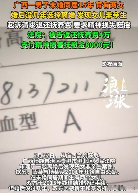 广西贵港，蓝某和杨某谈对象后，没领证就凑活过了15年，还生了两个女儿。后来为了孩
