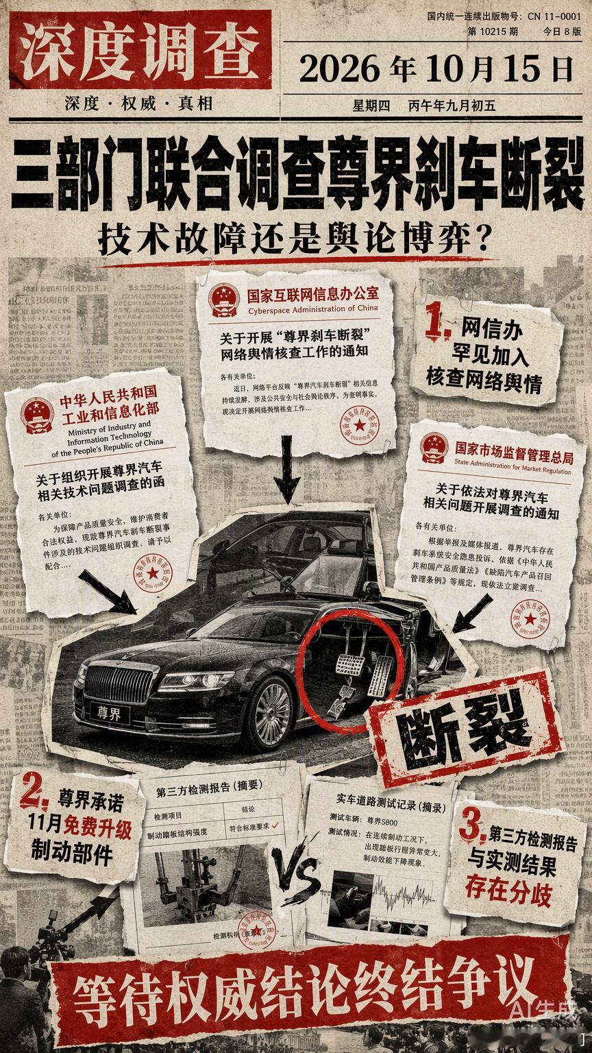 三部门成立联合调查组，网信办也进来了，这信号挺明显的。尊界之前那份第三方检测报告