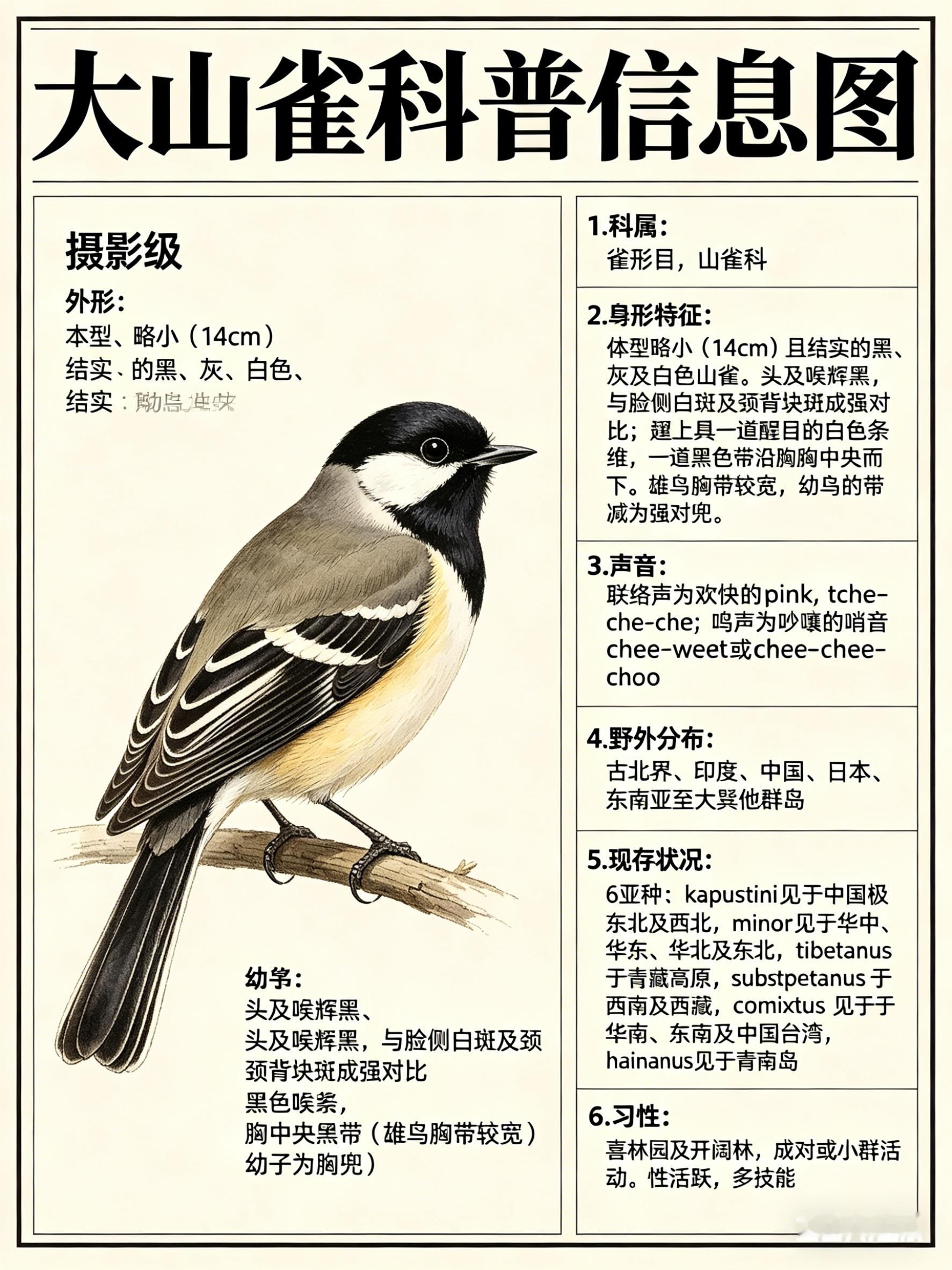 鸟类朋友图鉴大山雀·科属：雀形目，山雀科。·外形特征：体型略小（14cm）且结