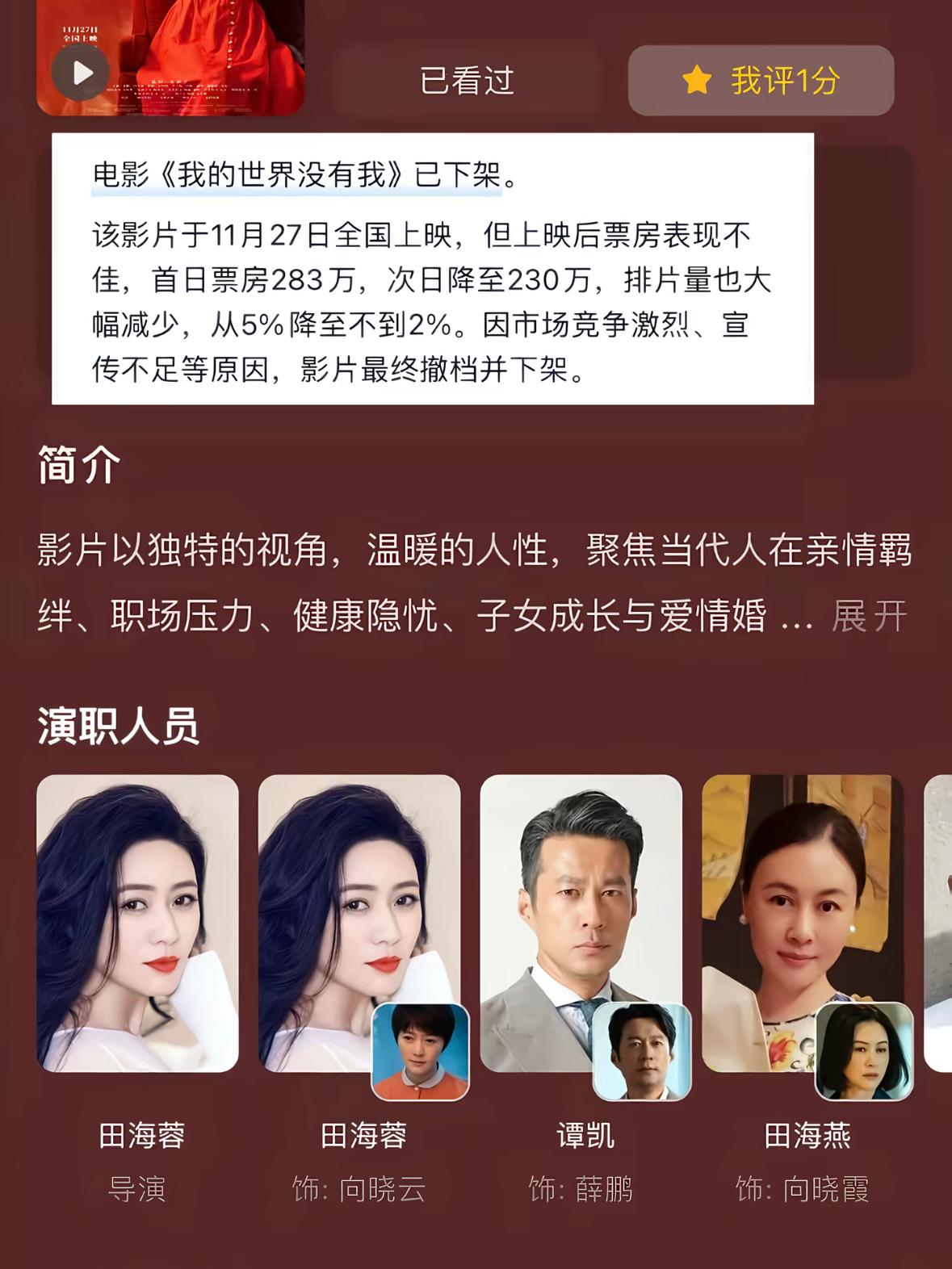 民意终于再次打败了资本！田海蓉自导自演的电影《我的世界没有我》，本来定于11