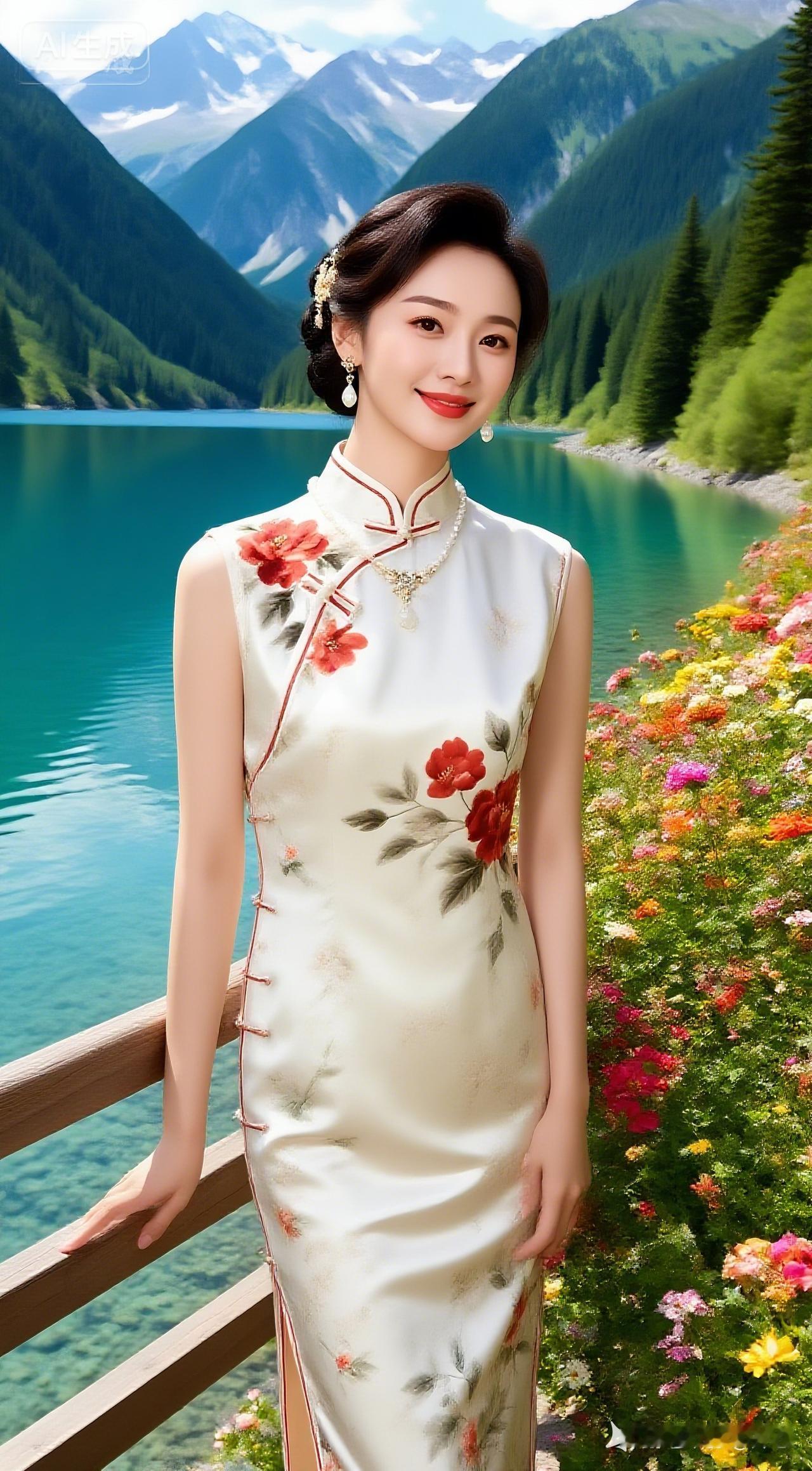 花间美人倚栏杆，山水相依画中看。