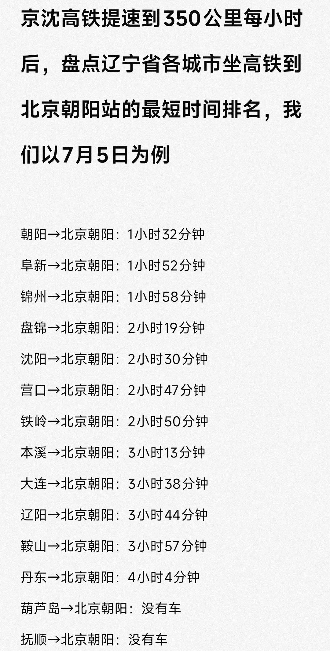 目前来看沈阳与大连是最大的赢家，毕竟京沈高铁提速到350公里每小时后到北京朝阳站