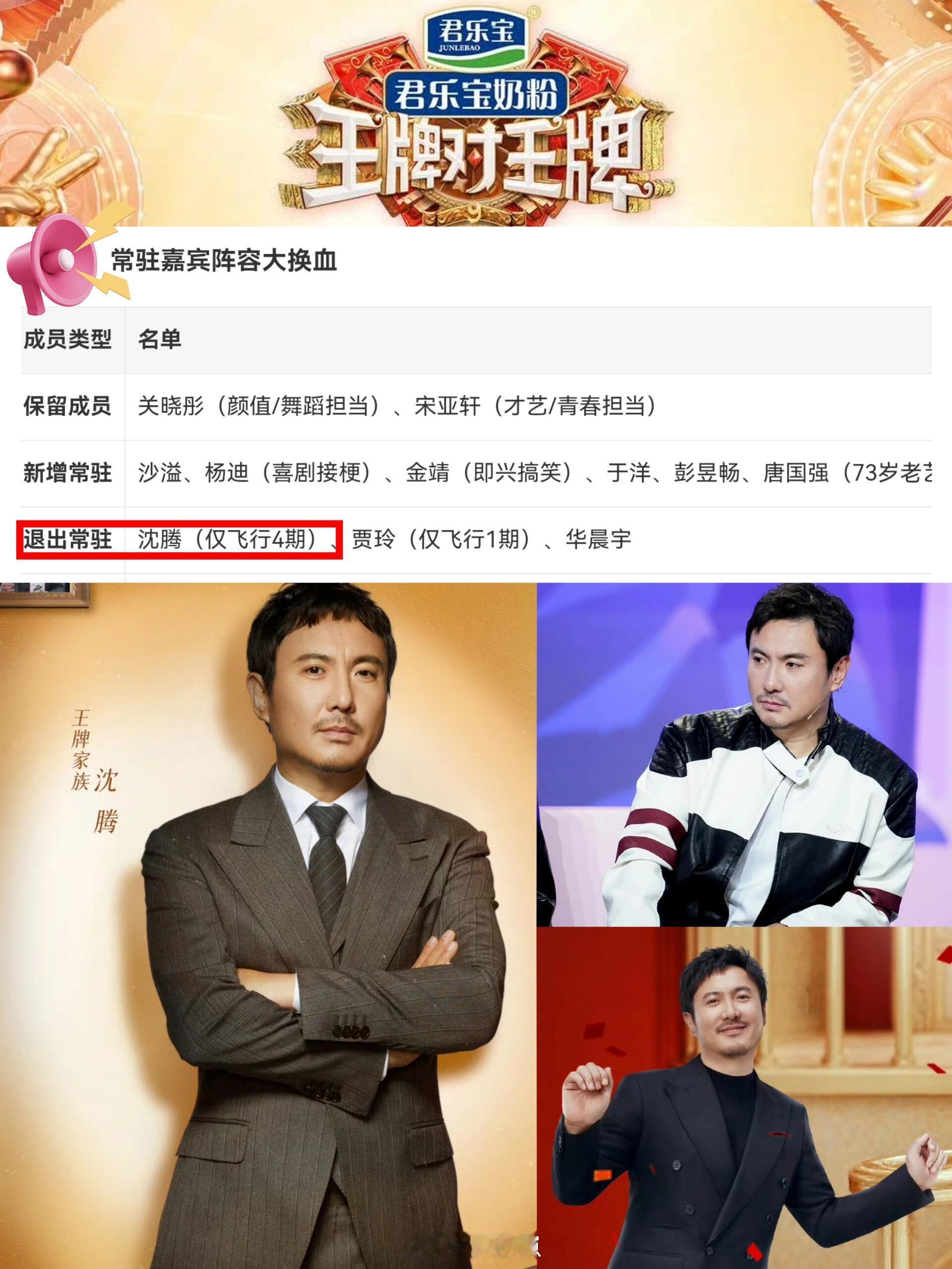 《王牌对王牌》常驻大换血《王牌9》沈腾不再是常驻嘉宾，而是亲友团，会来飞行几期。