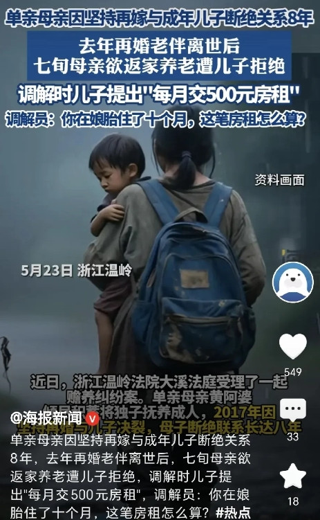 浙江温岭，一女子是单身妈妈，独自将儿子抚养长大，儿子独立生活后，女子选择再嫁，谁