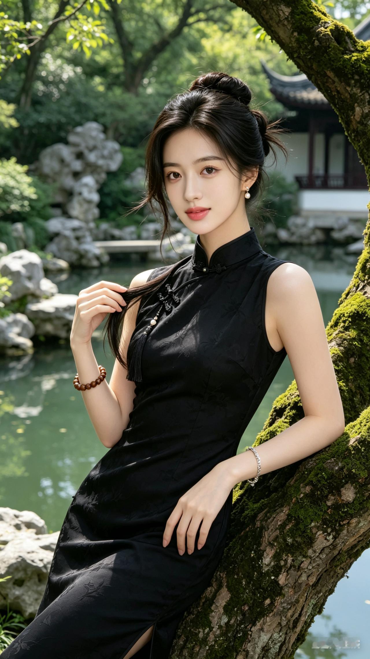 黑裙少女倚树摆拍，古典园林韵味十足