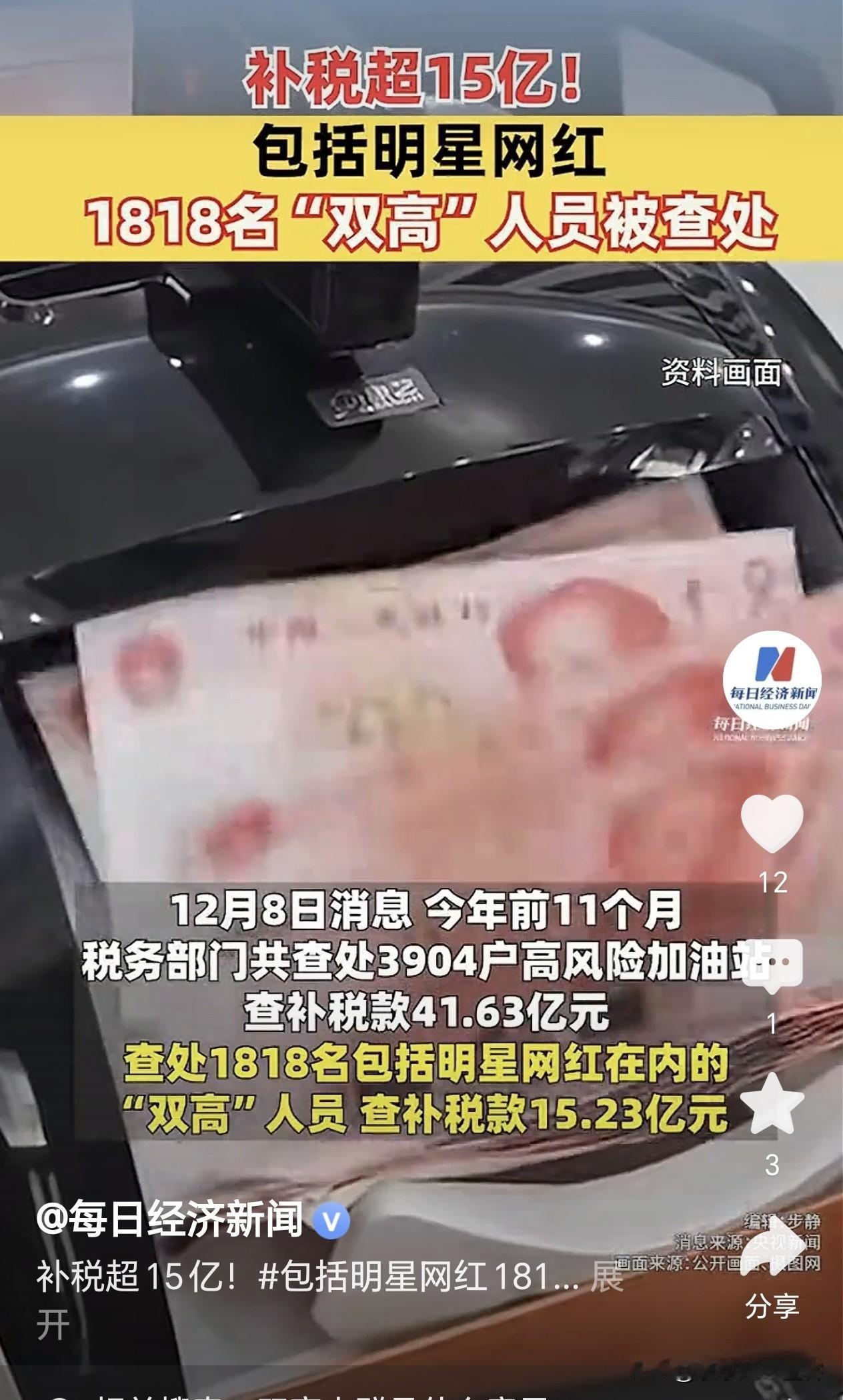 补税超15亿！1818名明星网红因逃税被查，其中“双高”人员查补税款15.23
