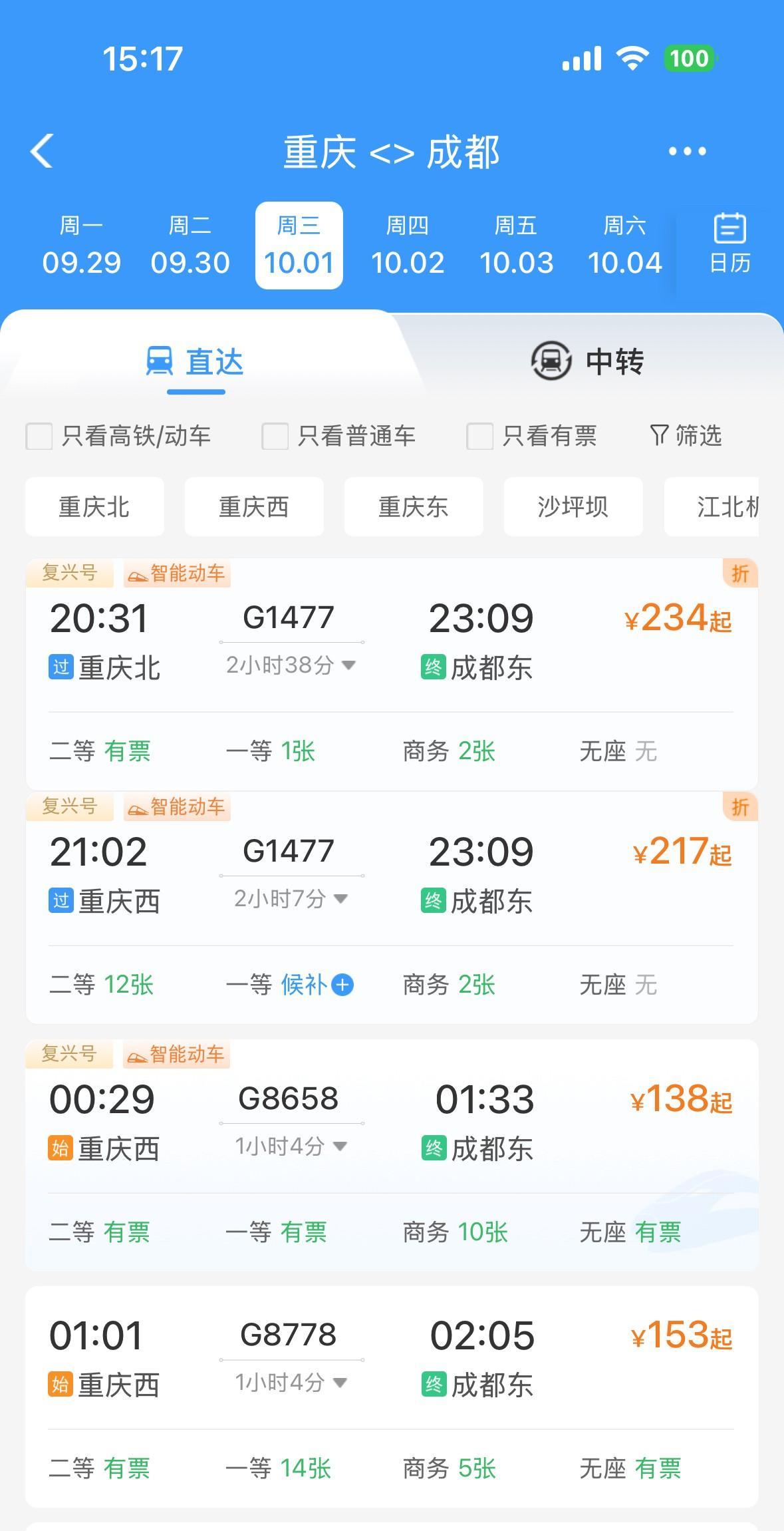 万万没想到，9月30日和10月1日，重庆到成都的高铁动车票，居然还有很多很多！啊