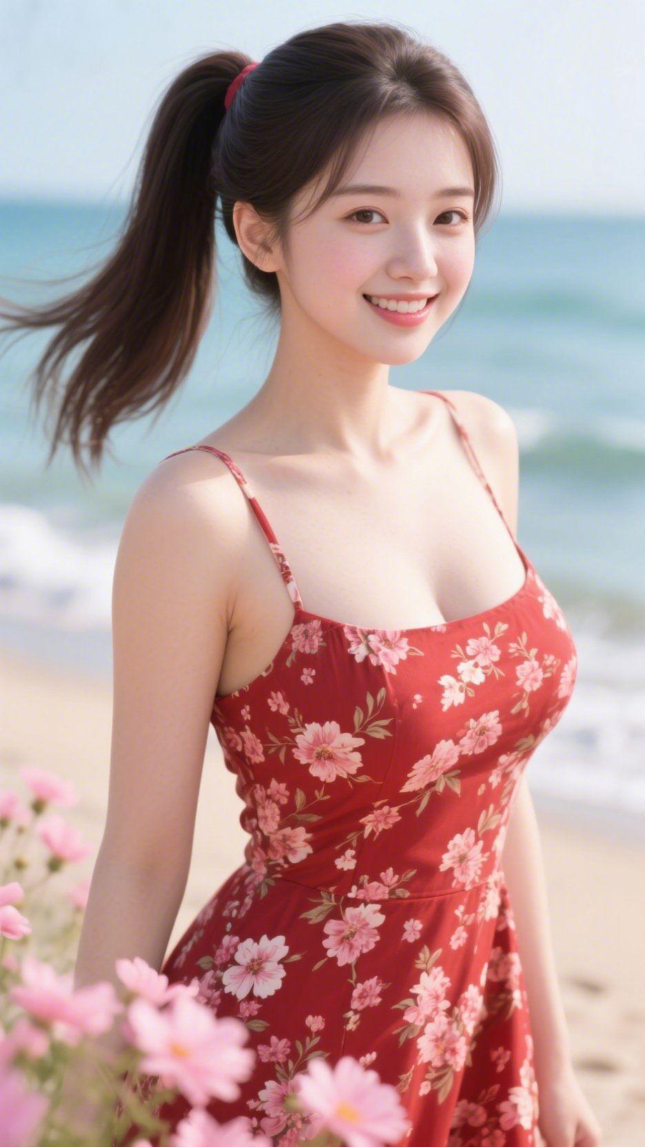 《红裙裹夏风》海风携着咸暖气息，掠过她高束的马尾，发梢在浅蓝天幕下漾开轻缓