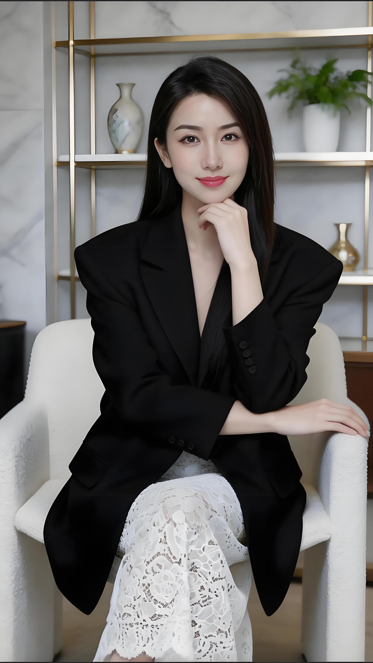 她以宽松黑西装搭配白色蕾丝裙，刚柔并济的穿搭尽显摩登格调。在简约雅致的客厅里，她