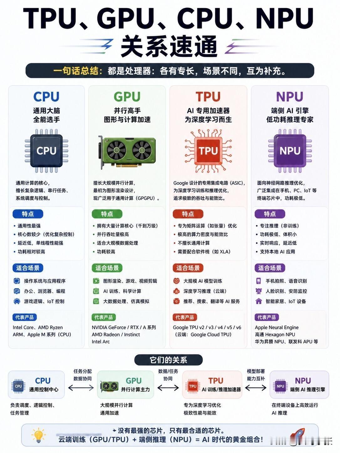 还在分不清CPU、GPU、TPU、NPU？看完下面这张图，再也不懵！CPU是