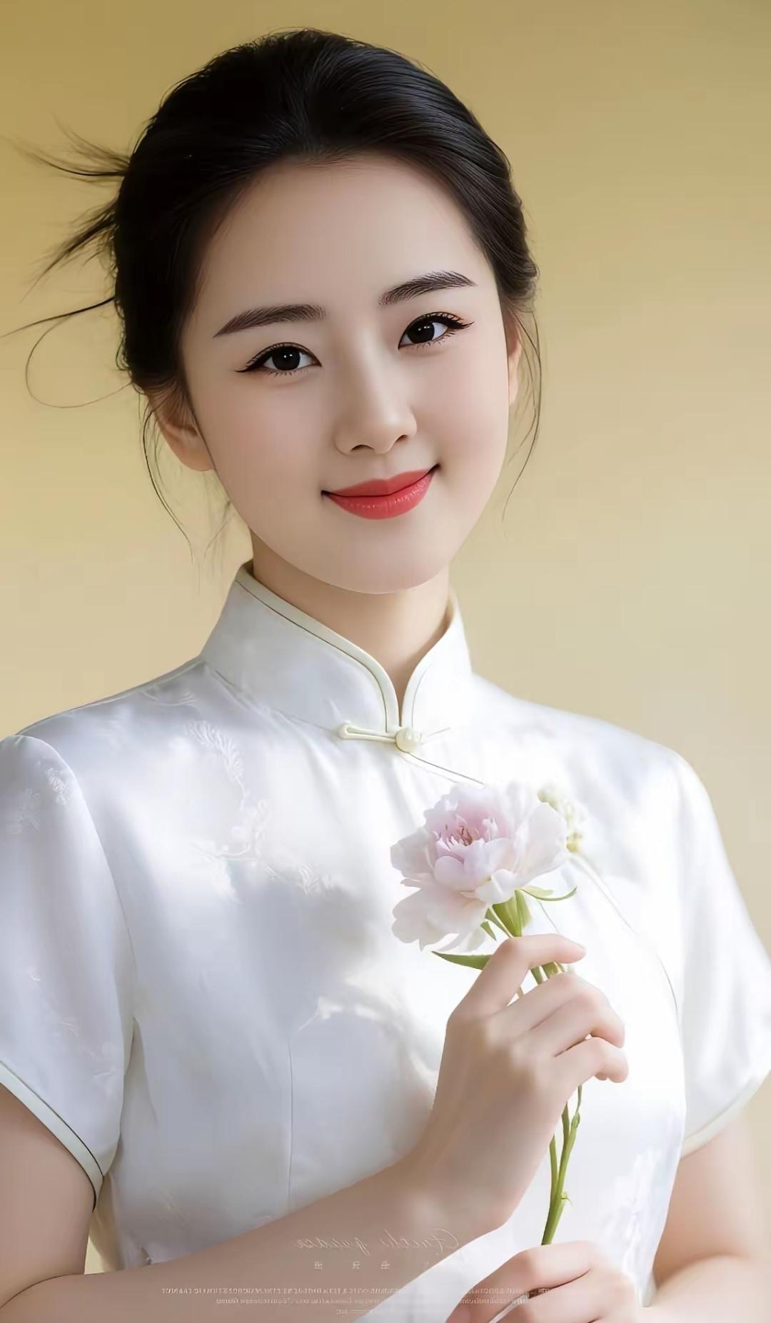 温婉少女，手持粉色花束，古典优雅，韵味十足。美女人像群高雅气质美女