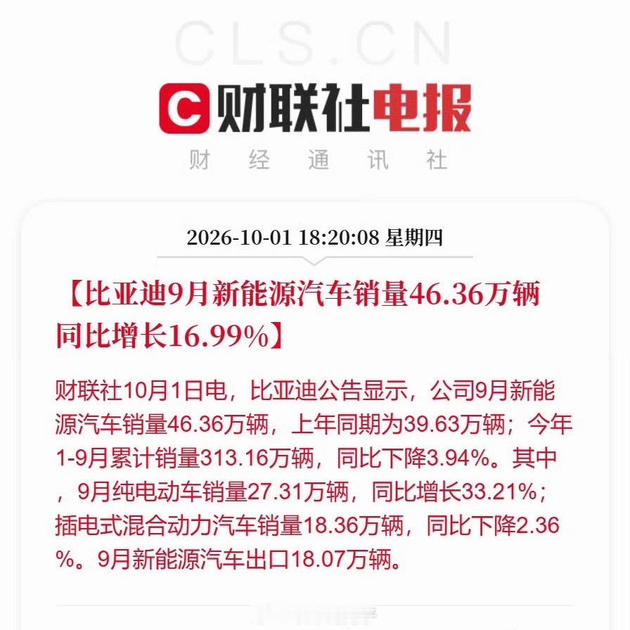 比亚迪9月新能源汽车销量46.36万辆以前都说比亚迪的插混比纯电好卖，现在反过来