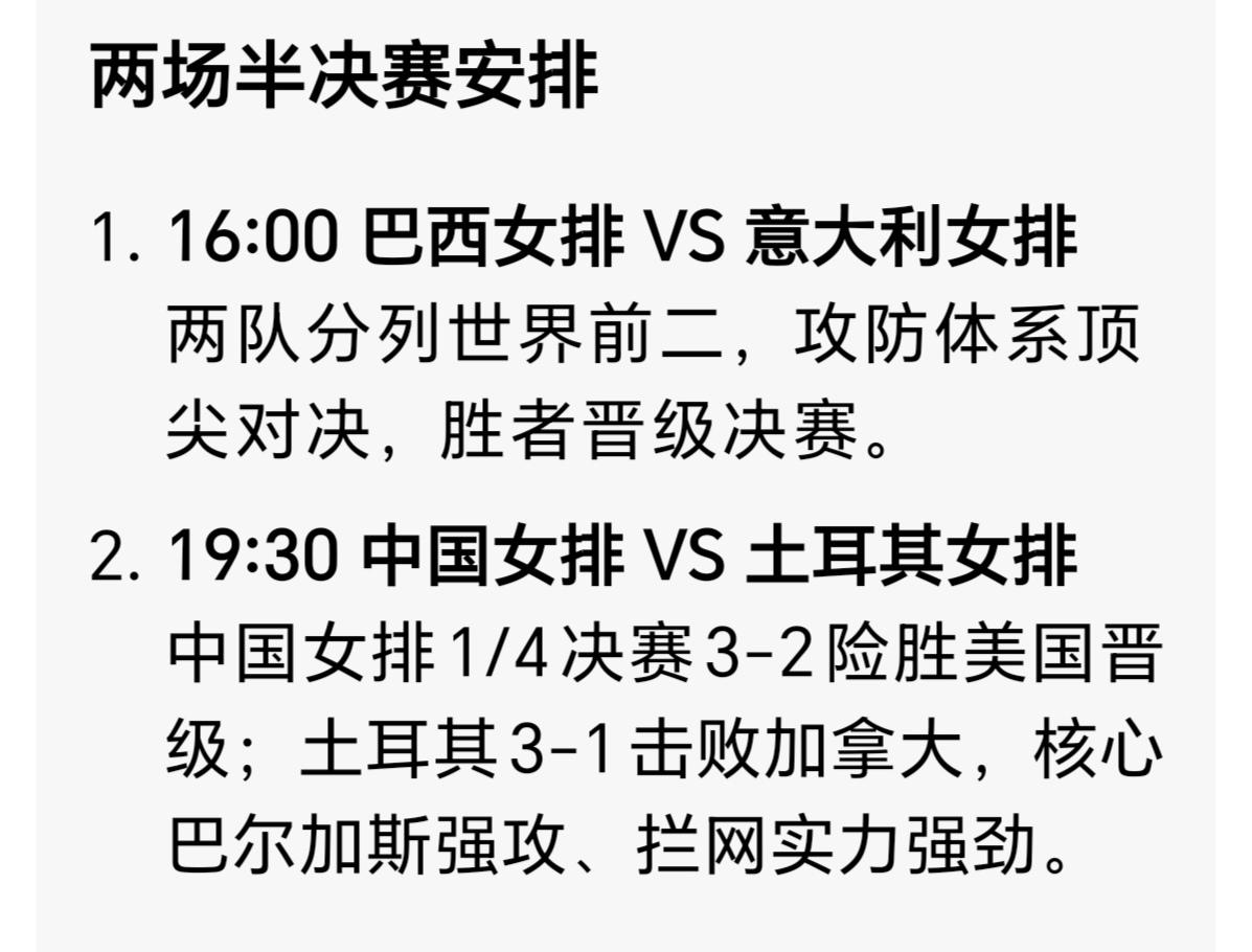 统一回复网友的问题：世联赛总决赛半决赛中国女排的对手是土耳其女排，意大利