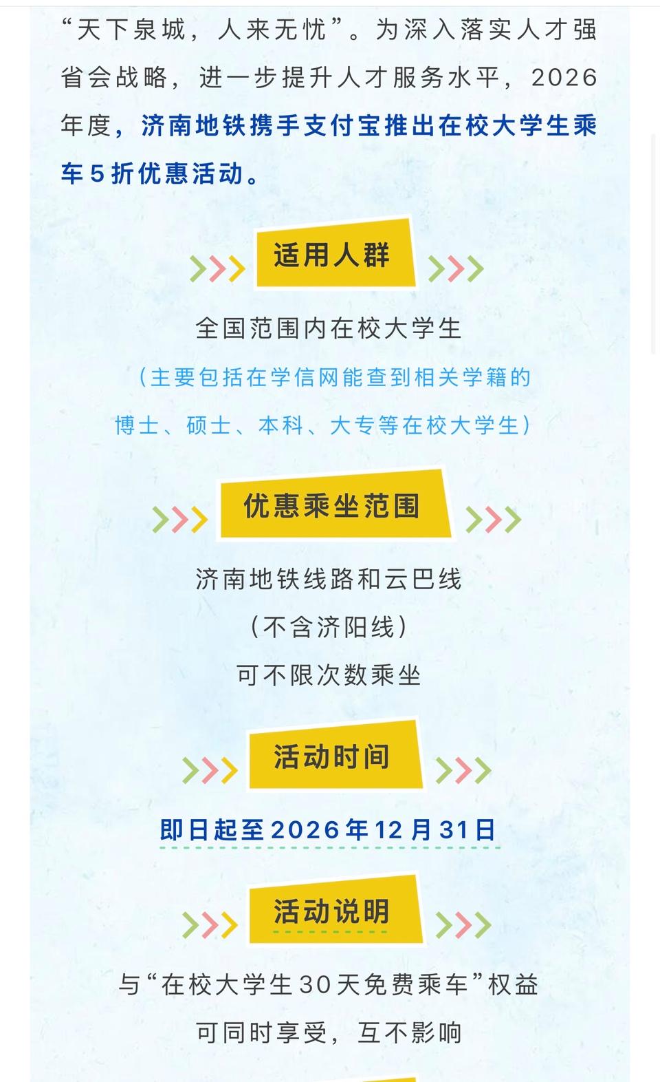 2026年，在校大学生在济南坐地铁打折。全国都算，仅济南和福州这样。大学生
