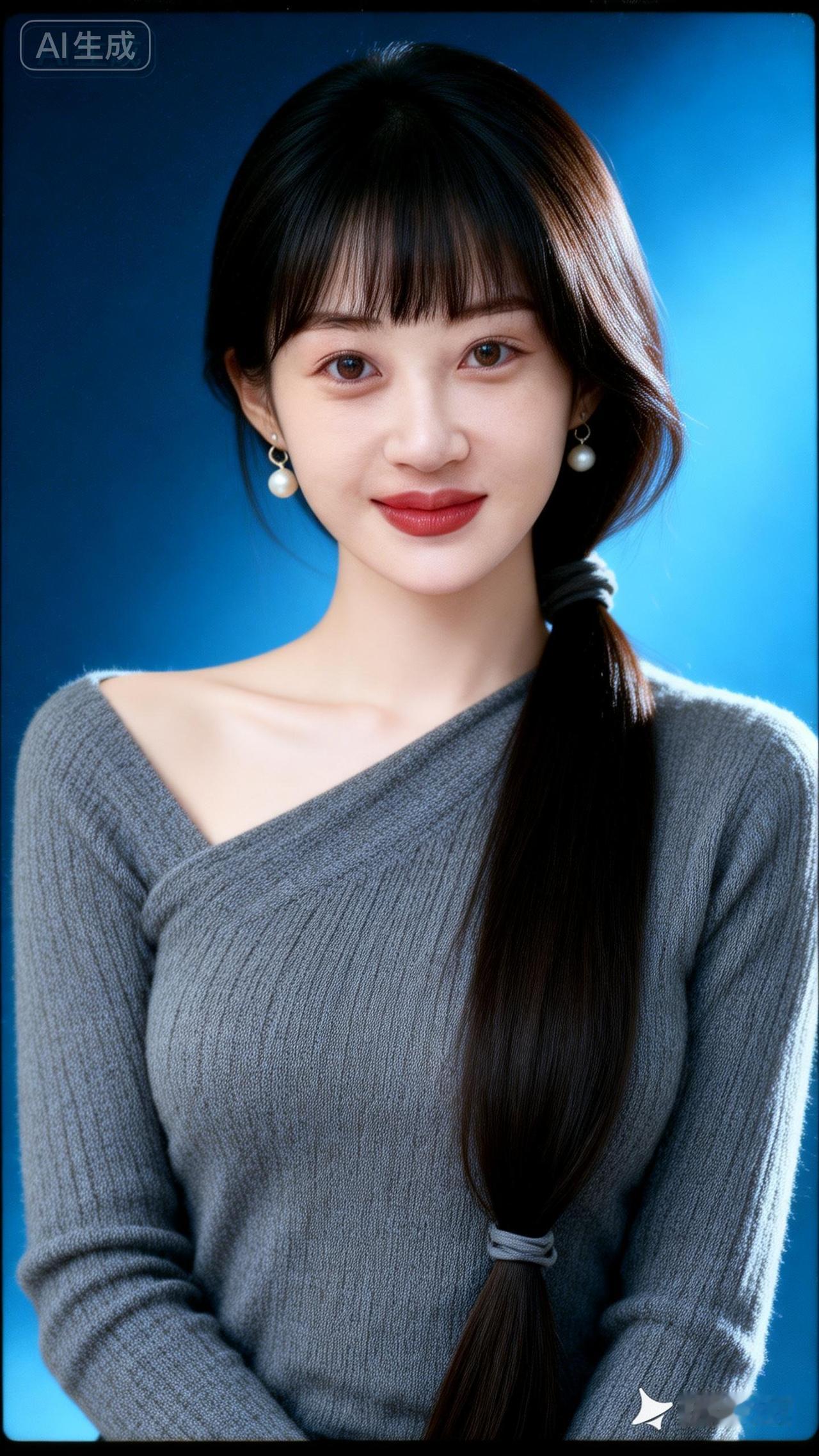 温柔甜美的少女，一袭灰色毛衣，搭配珍珠耳环，清新自然。