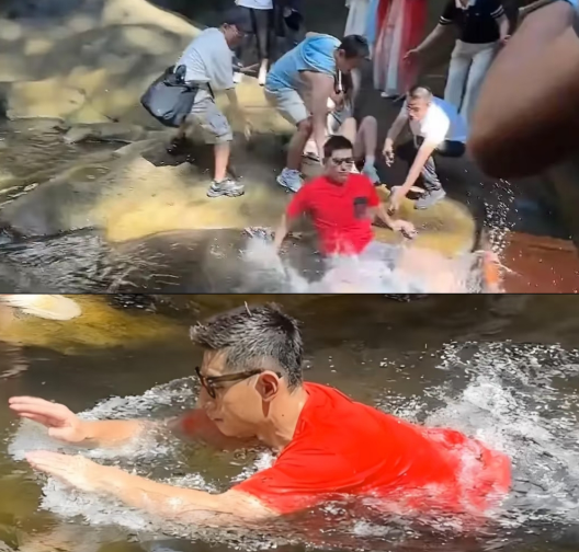 张继科落水这事儿，刘国正以为是演的，但张继科说是被人从后面踹的。根据现场视频