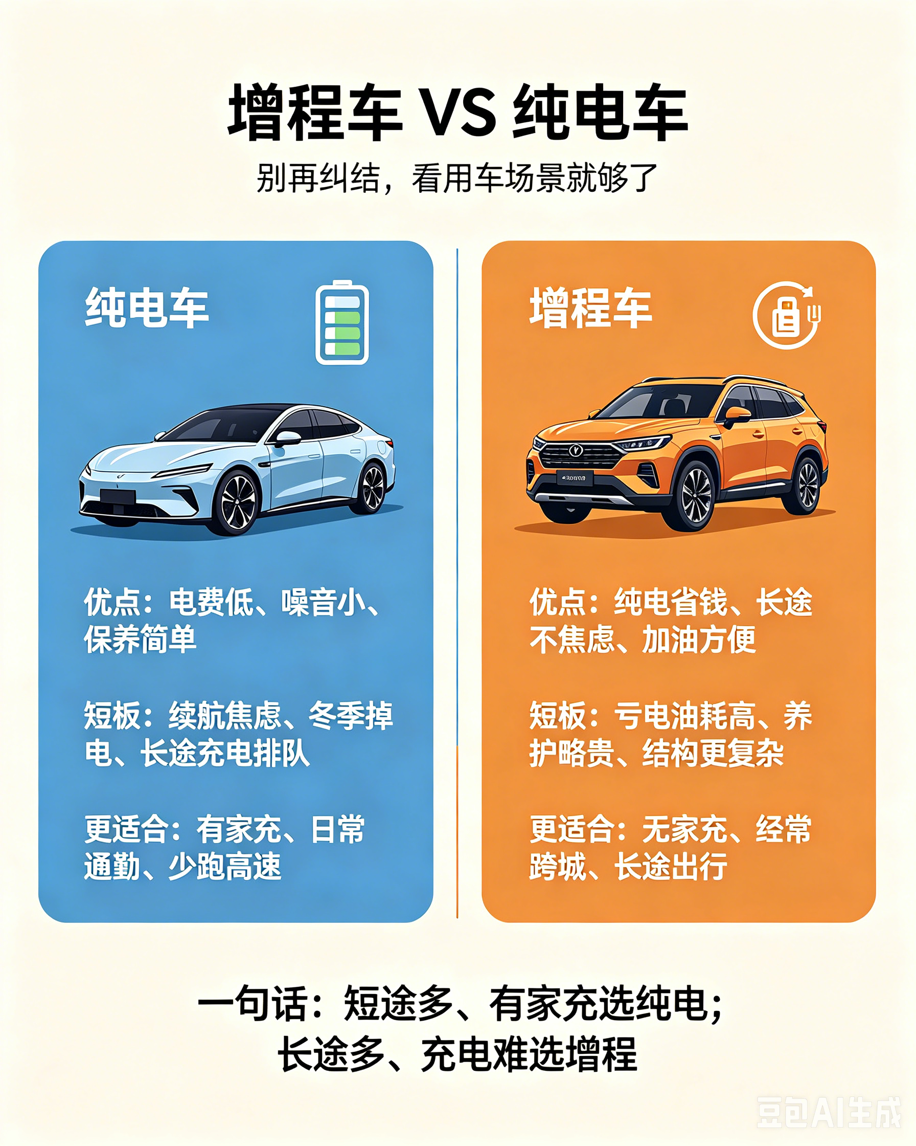纠结纯电还是增程，是大部分家庭买新能源车的头号难题。其实两款车没有绝对优劣，贴合