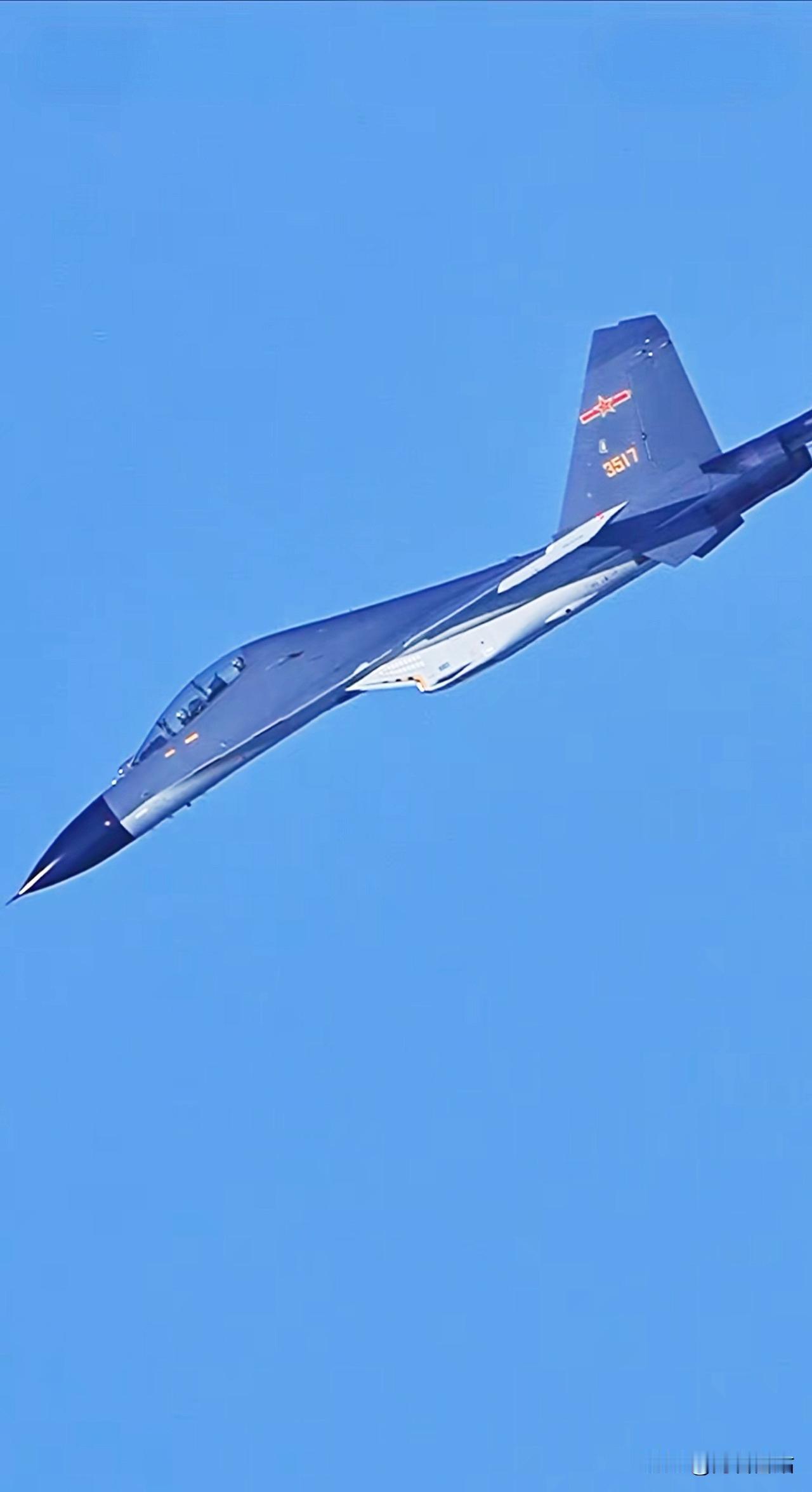 歼-11BS，三代机涂装的巅峰之作。它采用双座设计，雷达罩为纯粹的黑色，上下机身