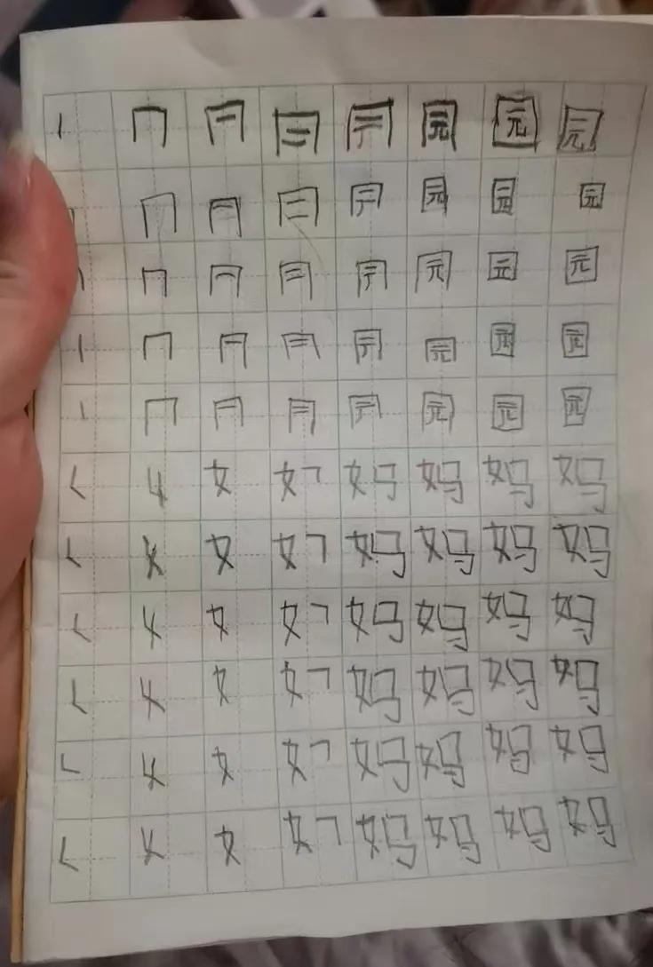 这是我家姑娘写的爸爸和妈妈，都是第一次写。记得以前刚上幼儿园的时候老师就让写字，