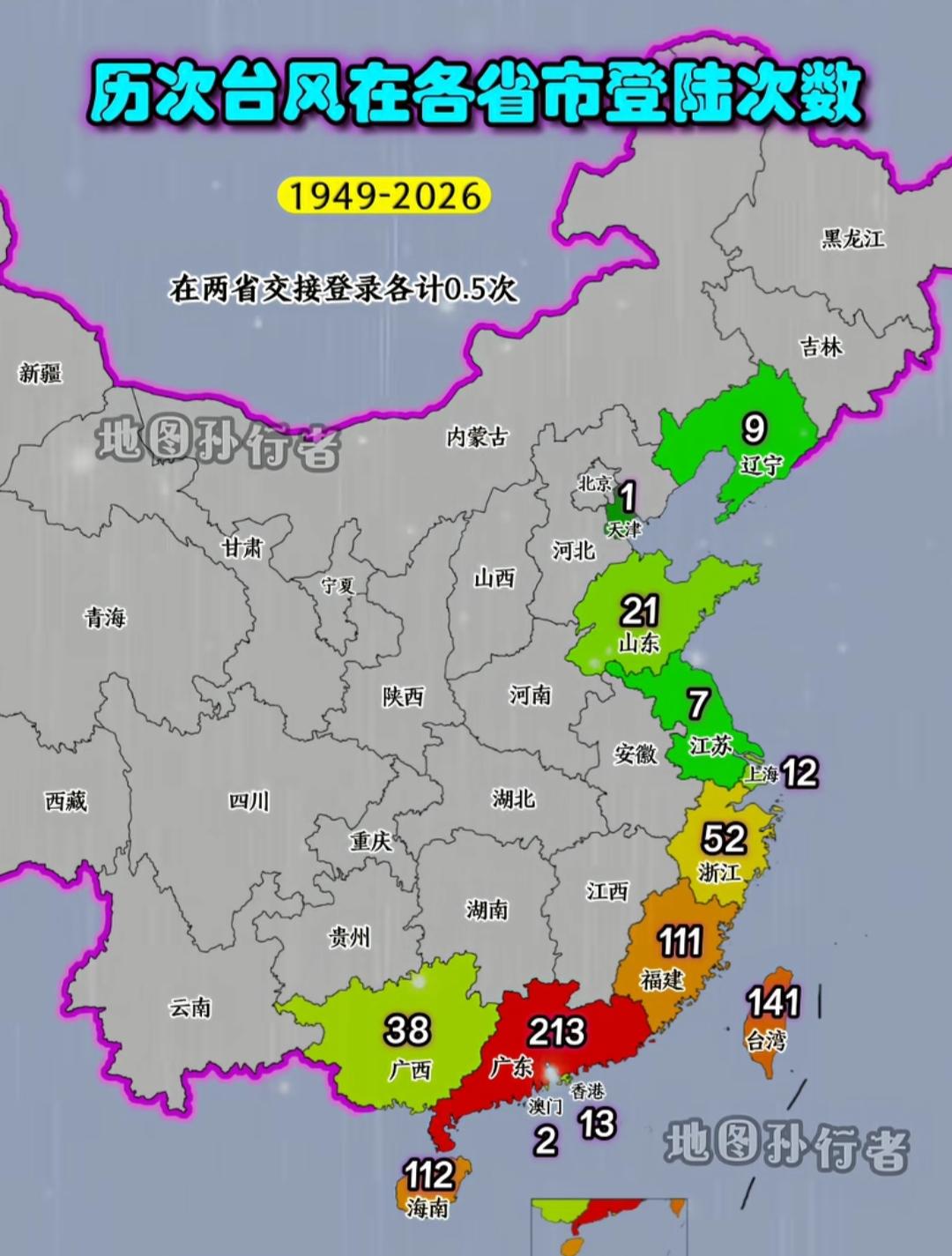 这张图显示了1949-2026年中国各省台风登陆次数。